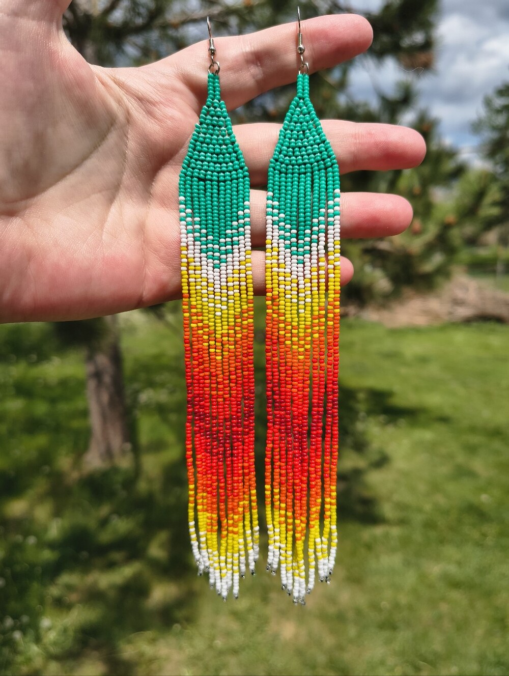 Native American Handmade Long Beaded Fringe Earrings Turquoise Sunset Gradient
